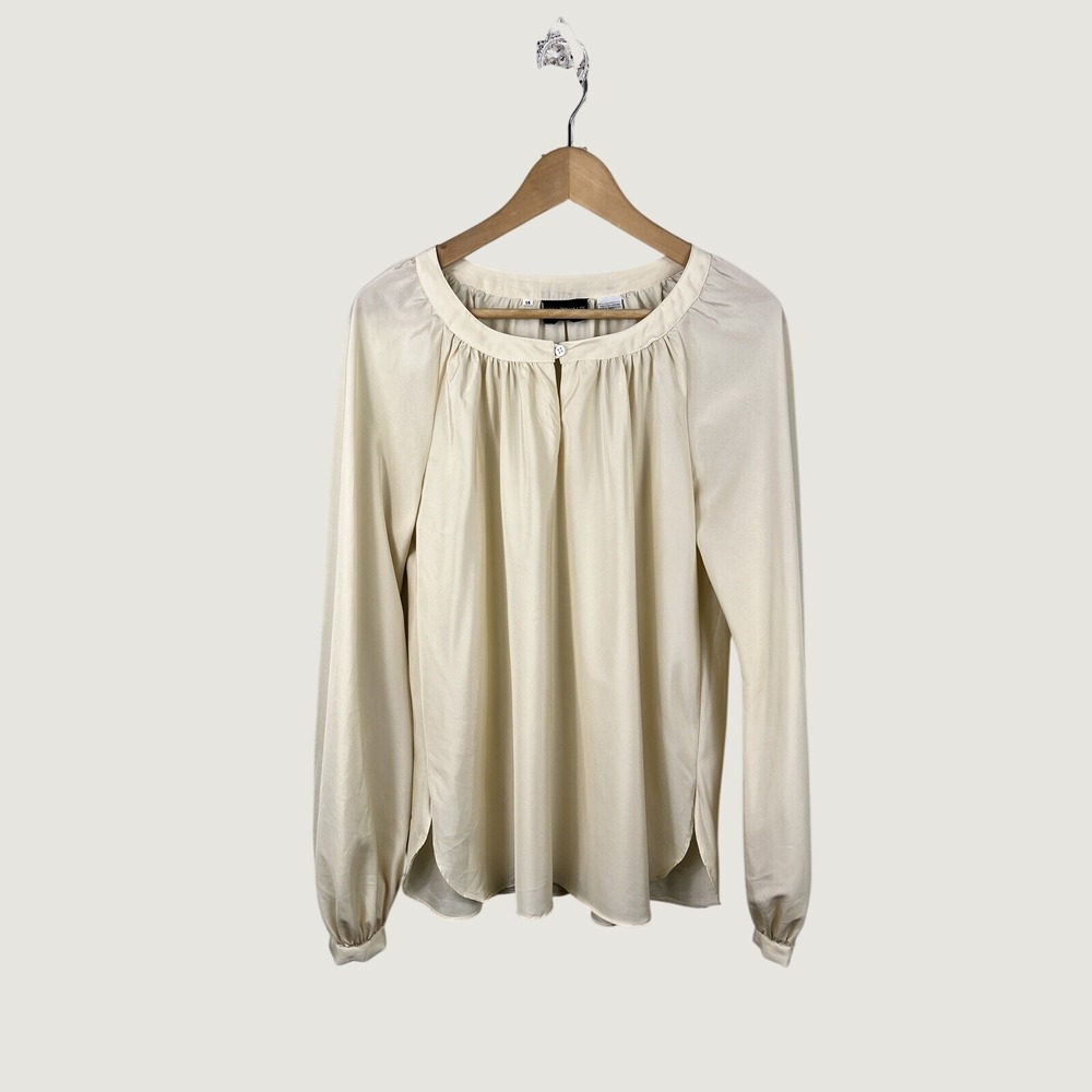 Halston VI Blouse Women 14 Cream Long Sleeve Gathered Neck Vintage Minimalist